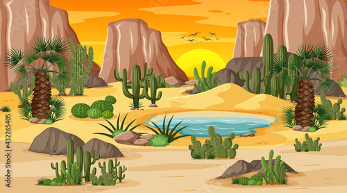 Desert forest landscape at sunset scene with oasis