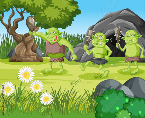 Outdoor scene with goblin or troll cartoon character