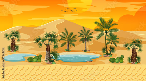 Desert forest landscape at sunset scene with oasis