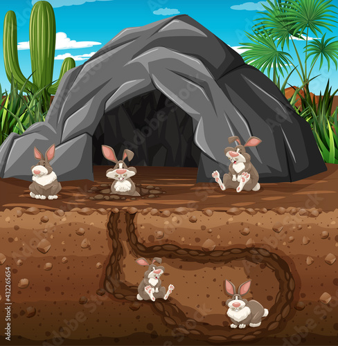 Underground animal burrow with rabbit family
