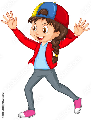 Girl pushing hands up dance cartoon character isolated