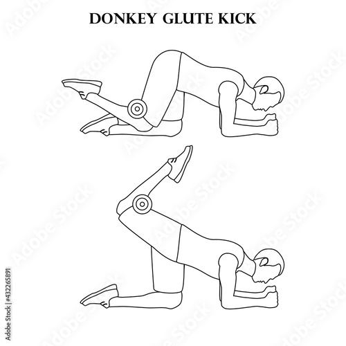 Donkey glute kick exercise strength workout illustration outline