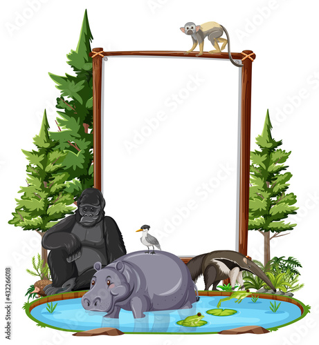 Empty banner with wild animals and rainforest trees on white background photo