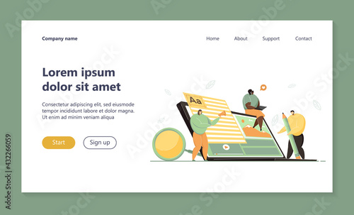 Tiny freelance blog writers creating marketing content on Internet. Authors using laptops, writing articles for business. Vector illustration for online advertising, SEO or influencer job concept