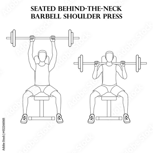 Seated behind the neck barbell shoulder press exercise illustration outline