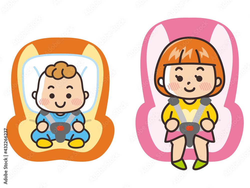 ベビーシートに座った赤ちゃん　チャイルドシートに座った子供