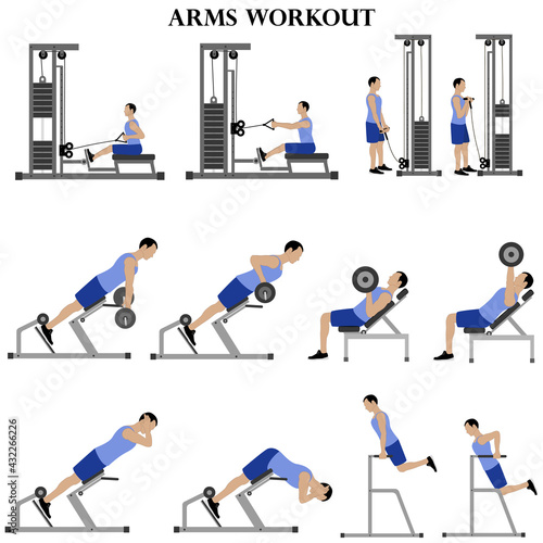 Workout man set. Arms workout vector illustration