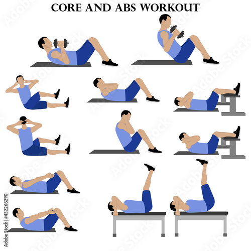 Workout man set. Core and abs workout illustration