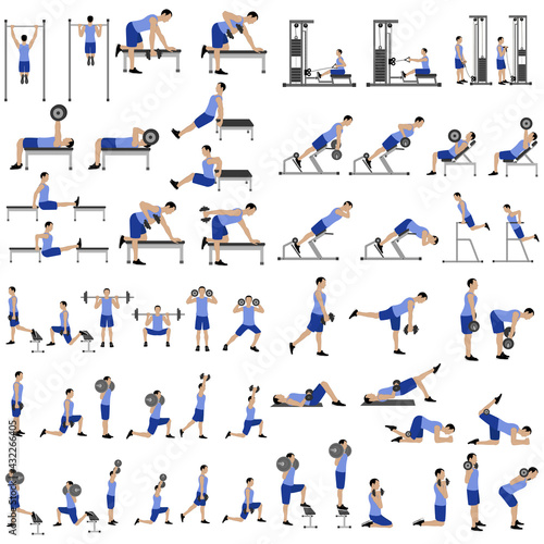 Workout man set. Male doing fitness exercises illustration