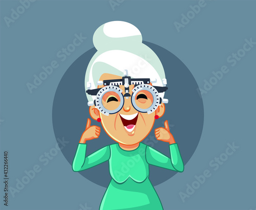 Happy Senior Woman Checking her Vision Wearing a Trial Frame