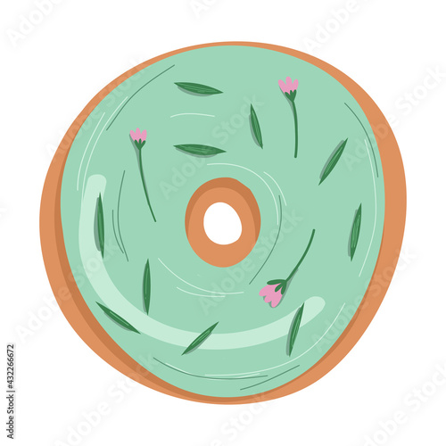Cute delicious sweet donut with green icing,leaves and flowers.Vector hand drawn cartoon