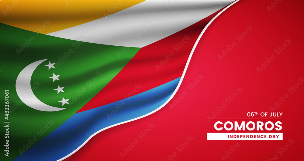 Abstract independence day of Comoros background with elegant fabric flag and typographic illustration