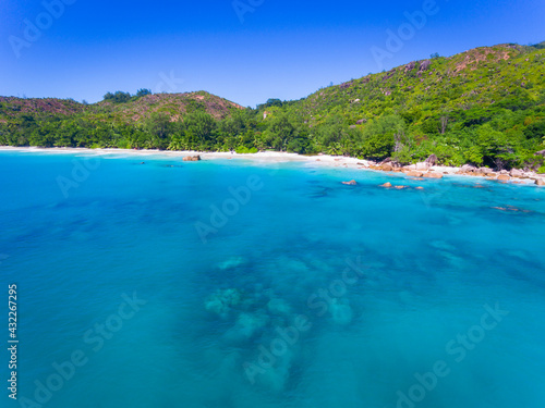 Fototapeta Naklejka Na Ścianę i Meble -  An aerial view on Anze Lazio beach on Praslin island in Seychelles