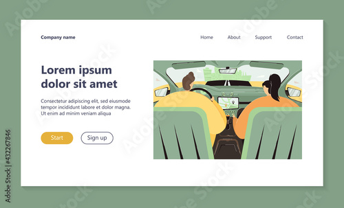 Driver and passenger using navigation app inside car. Backseat view of couple driving and riding vehicle, going along road to city. Vector illustration for driving application, travel, taxi concept