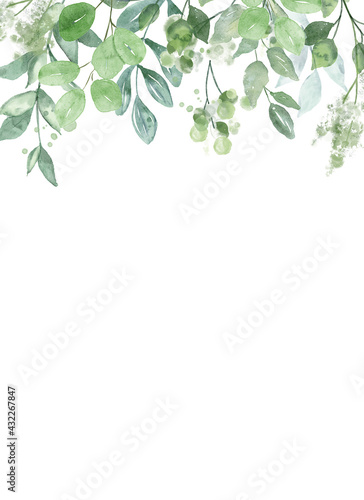 Watercolor leaves, floral frame for greeting card, invitation and other printing design. Isolated on white. Hand drawing.	