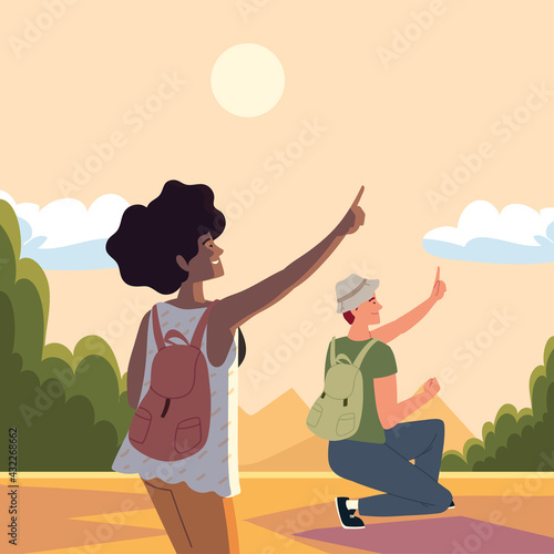 couple backpackers explore