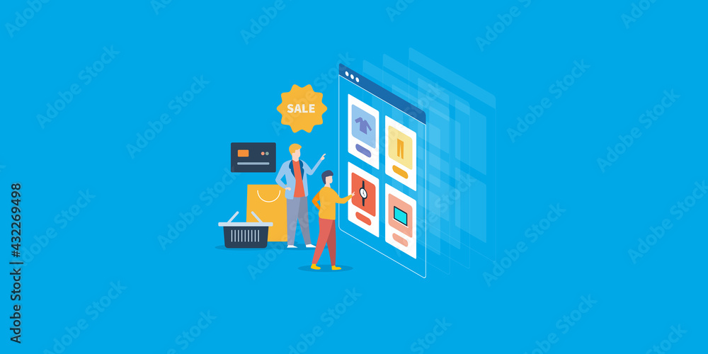 People shopping online from ecommerce store on mobile application concept. Buying men's product with digital payment from webstore. Vector illustration.