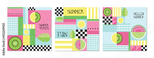 Summer colorful design watermelon and kiwi fruit bright color banner vector set
