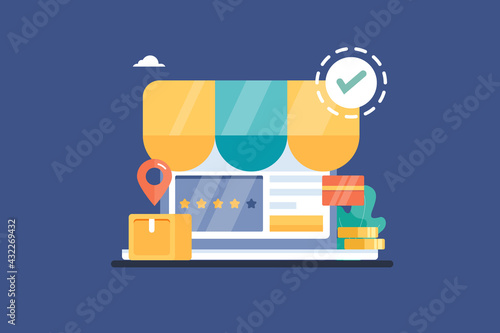 Ecommerce shopping online, digital sale on webstore, buying and making payments with credit card, online delivery, internet shopping on laptop. Web banner presentation.