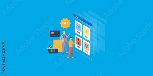 People shopping online from ecommerce store on mobile application concept. Buying men's product with digital payment from webstore. Vector illustration.