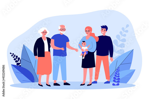 Happy parents showing newborn to grandparents. Baby, grandpa, grandma flat vector illustration. Family and parenthood concept for banner, website design or landing web page