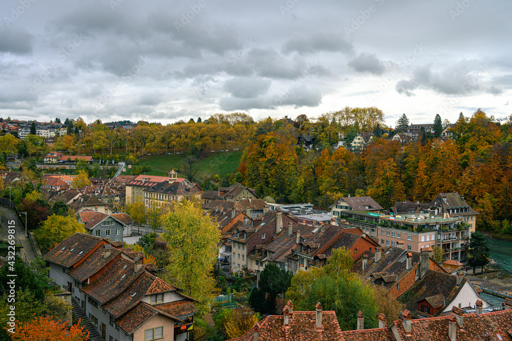 A panoramic view on the Bern city and river from Muensterplatform on an autumn cloudy day
