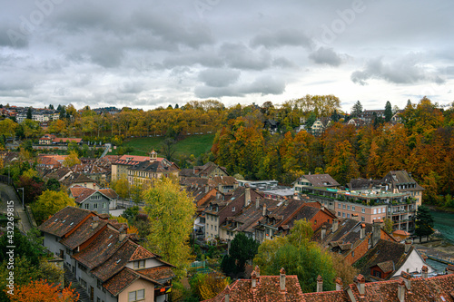 A panoramic view on the Bern city and river from Muensterplatform on an autumn cloudy day