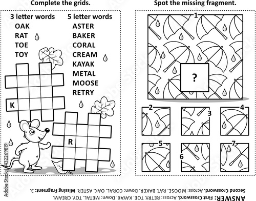 Activity page with two puzzles. Fill-in crossword puzzle or word game. Spot the missing fragment of pattern with rain and umbrellas. Black and white. Answers included.