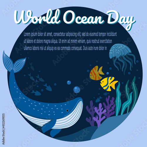  Whale with colorful fish and jellyfish on deep blue color. 8 June World oceans day concept.