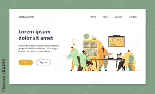 Happy group of medical students in lab isolated flat vector illustration. Cartoon scientists conducting research or chemical tests. Chemistry, medicine and science concept