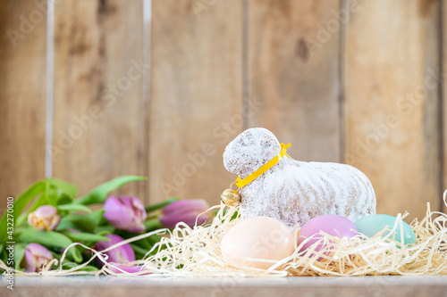 Sweet Bread and Cake for Easter Brunch with Tulips and Eggs. High quality photo photo