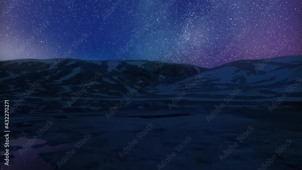 A majestic view of the night sky. Myriads of stars s shine bright against the velvety darkness of the night sky and are reflected in the still waters of the lake. Satellites shoot through space. A majestic view of the night sky. Myriads of stars s shine bright against the velvety darkness of the night sky and are reflected in the still waters of the lake. Satellites shoot through space.