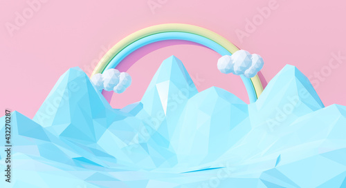 Abstract 3d cute rainbow with blue mountains on pastel background. 3d render design.