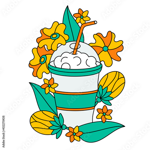 A glass with a straw, delicious milkshakes or smoothies. Flowers and buds for decoration. Vector illustration for menu, party invitation