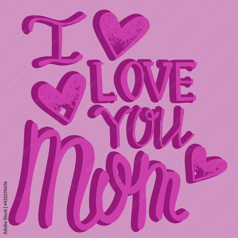 i love you mom handwritten lettering, vector lettering for mother's day, greeting card blank, greeting card on pink background, letters with shadow.