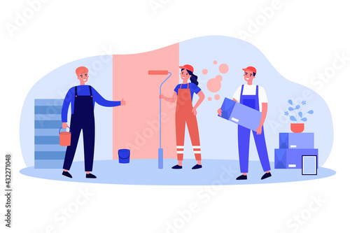 Professional repairmen repairing apartment. Wall, uniform, painting flat vector illustration. Renovation and repair service concept for banner, website design or landing web page