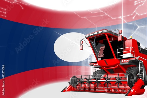 Agriculture innovation concept  red advanced wheat combine harvester on Lao People Democratic Republic flag - digital industrial 3D illustration