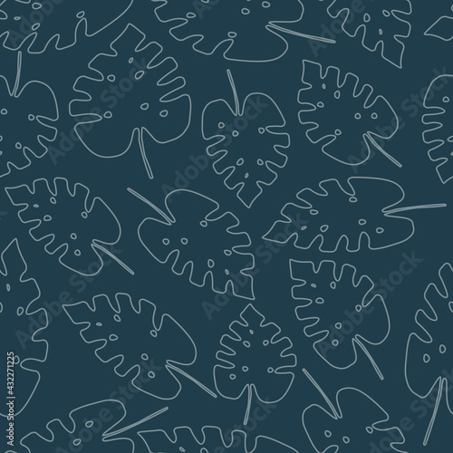 Fototapeta Naklejka Na Ścianę i Meble -  Seamless pattern with pastel blue outline tropical monstera leaves on a dark green blue background. The pattern can be used for wrapping papers, cards, wallpapers, covers, textile prints. Vector.
