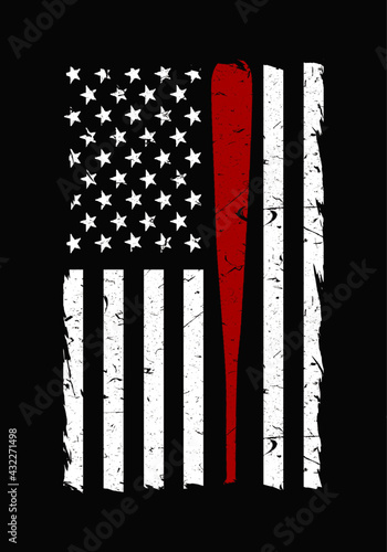 American baseball flag. Black and white USA flag and red baseball bat vector. Design element for poster, t-shirt print, card, advertising