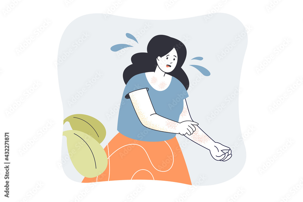 Young woman suffering from eczema. Cartoon character with allergy scratching skin on arms flat vector illustration. Healthcare, disease, allergy concept for banner, website design or landing web page Young woman suffering from eczema. Cartoon character with allergy scratching skin on arms flat vector illustration. Healthcare, disease, allergy concept for banner, website design or landing web page