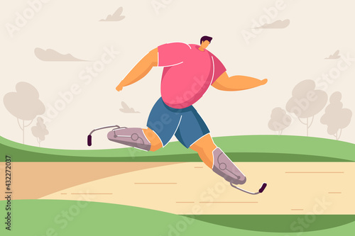 Paralympic athlete taking part in race. Flat vector illustration. Disabled man running marathon, participating in sports competition with running prostheses. Healthy lifestyle, sport concept