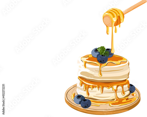 Isolated Fluffy pancake with blueberries topping and honey drips from wooden dripper on a wooden plate. Japanese pancake. Close up realistic vector illustration on white background.