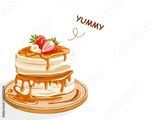 Isolated Fluffy pancake with strawberries topping and honey on a wooden plate. Japanese pancake. Close up realistic vector illustration on white background.