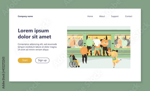 Disabled woman squeezing into overcrowded train. Crowd of people in metro flat vector illustration. Overpopulation, rush hour, public transport concept for banner, website design or landing web page