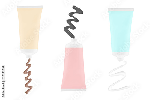 collection of beauty cream tube with strokes on white background