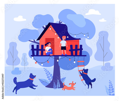 Scared kids hiding in tree house from dogs. Park, attack, ladder flat vector illustration. Dangerous animals and safety concept for banner, website design or landing web page