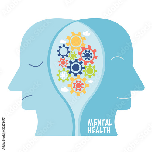 World Mental health day concept vector illustration, inside the mind of people using gears, head view showing sad and happy faces