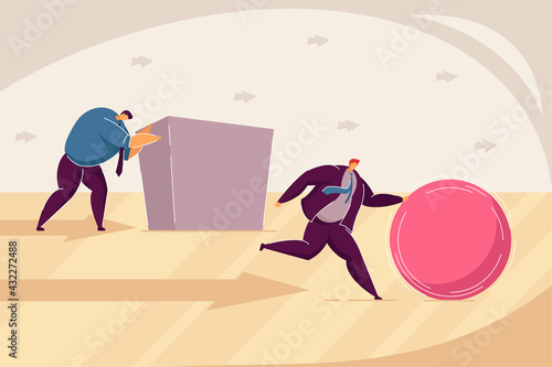 Two businessmen pushing abstract figures towards goal. Flat vector illustration. Men competing, trying to find efficient, smart solution. Business, success, goal, efficiency concept for banner design