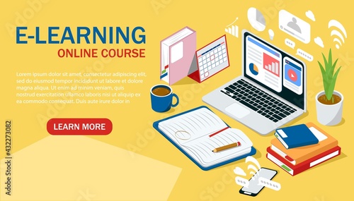 Isometric vector design of online education, e-learning used during COVID 19 pandemic, remote or distance course for academic students