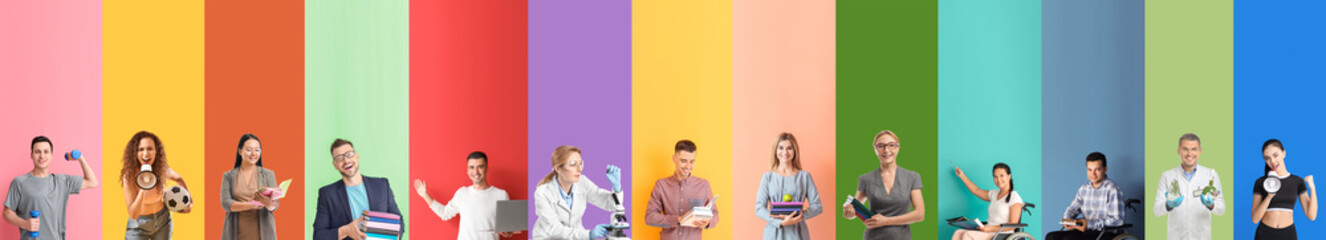Set of teachers on color background